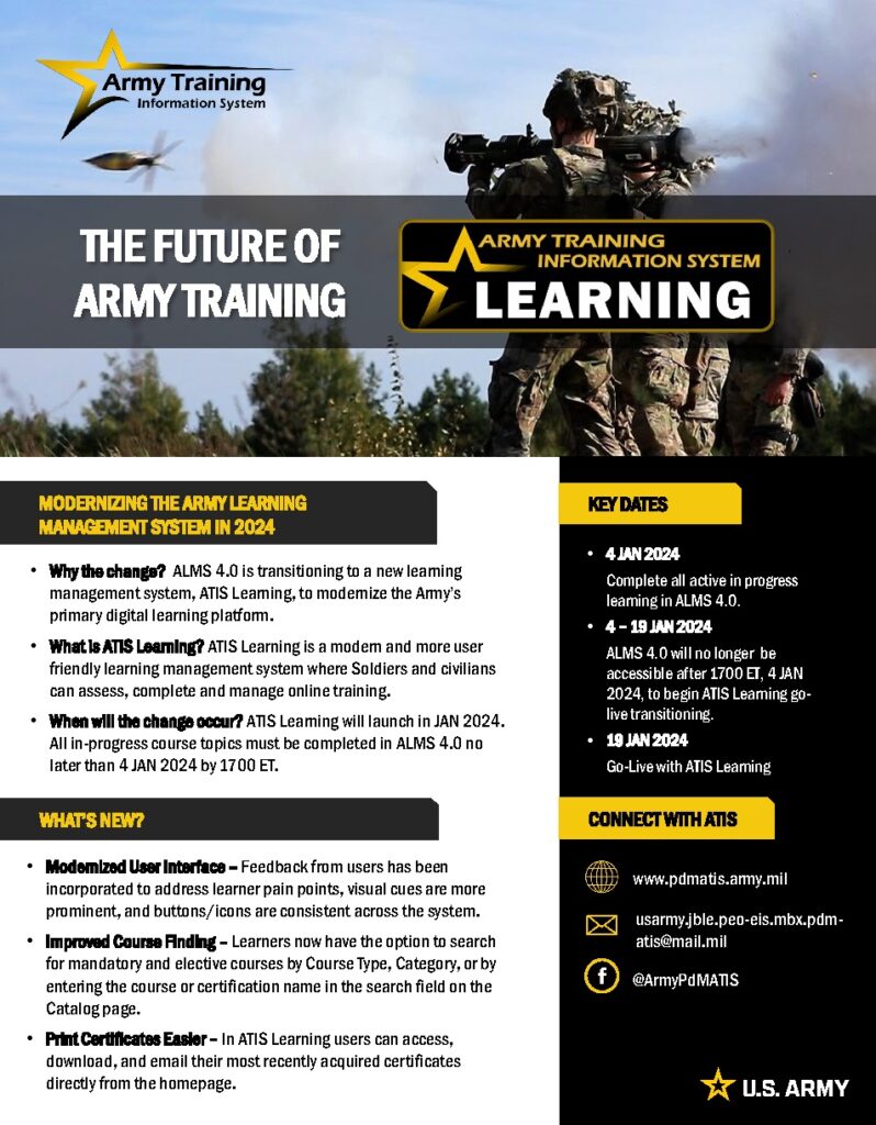 "Introducing the Army Learning Management System (ALMS): The future of army training flyer.