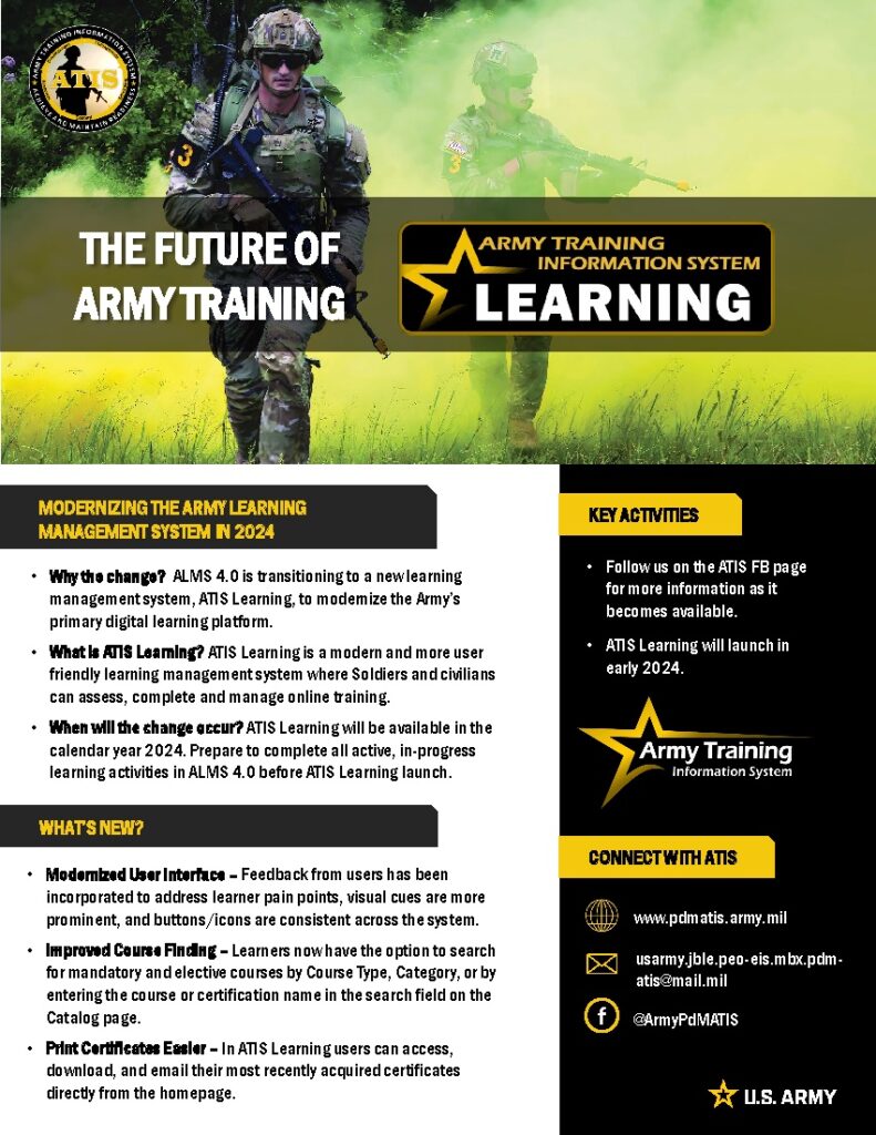 Discover the future of army training with the latest advancements in army online training. Explore the innovative features of ATIS and ALMS on this captivating flyer.