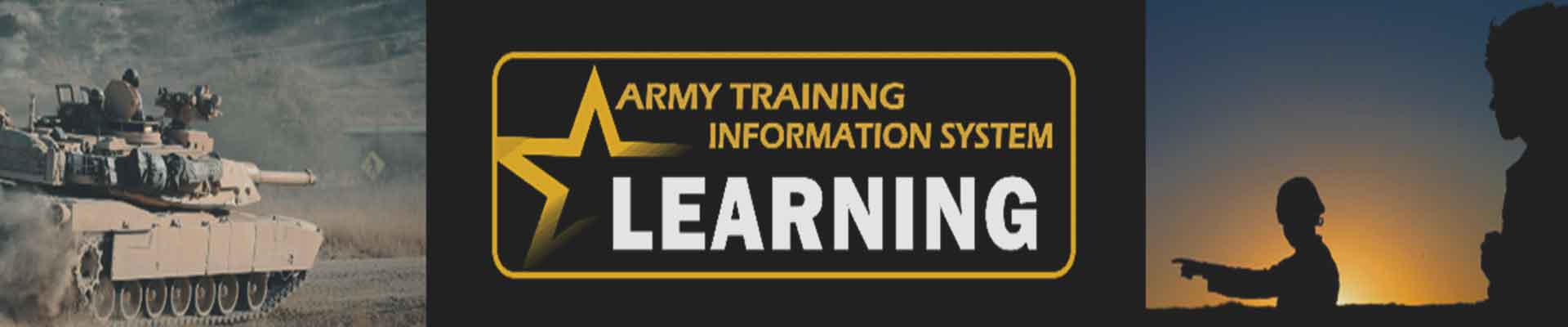 A composite graphic showing a tank on the left, a central badge reading "army training information system - learning," and a silhouette of a soldier on the right against a sunset. Sign for "army training information system - learning" on a camouflage background. ATIS is the only portal for Army Mandatory Training.